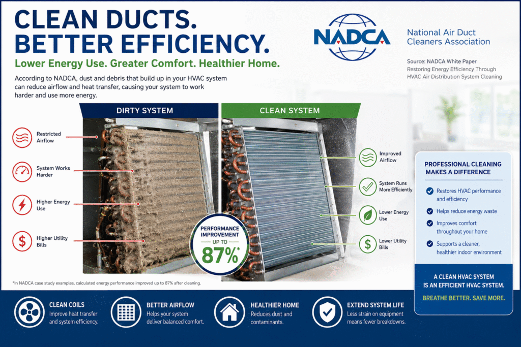 Infographic comparing a dirty HVAC duct left and a clean duct right, highlighting airflow and efficiency gains.
