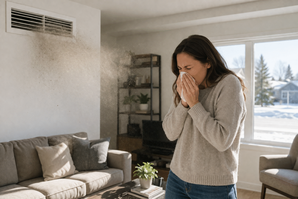 National Duct | National Duct Canadian homeowner sneezing as dust blows from a residential air vent, illustrating poor indoor air quality caused by dirty air ducts.