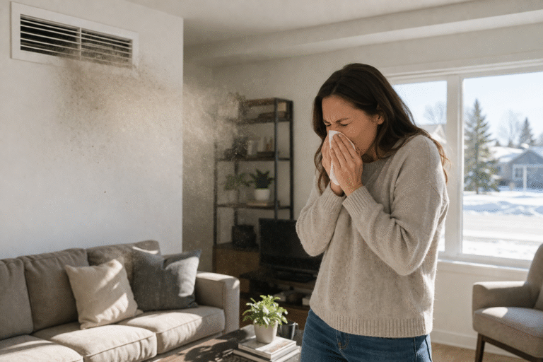 National Duct | National Duct Woman sneezing into a tissue in a sunlit living room, dust particles visible in the air behind her (indoor scene).