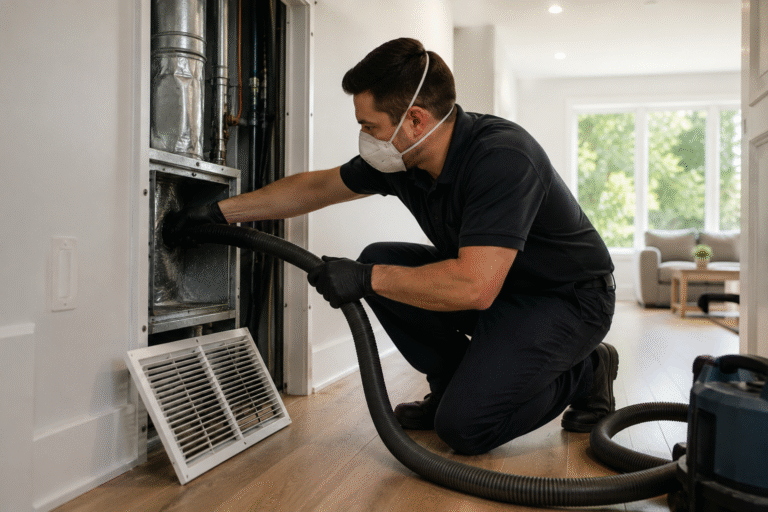 image | National Duct HVAC technician wearing a mask and gloves kneels on a wooden floor, vacuuming a wall vent.